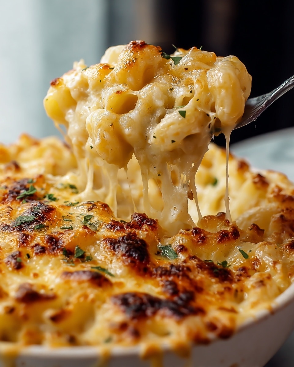 A close-up of baked macaroni and cheese in a dark cast iron skillet, showing a lifted spoonful revealing three main layers: a top bubbly golden-brown crispy cheese crust with browned spots and small green herb bits, a middle layer of creamy melted cheese pulling long strings, and a bottom layer of tender elbow macaroni coated in smooth, light yellow cheese sauce. The skillet edge is visible with some browned cheese drips. The background is a soft focus with warm light and a white marbled surface below. Photo taken with an iphone --ar 4:5 --v 7