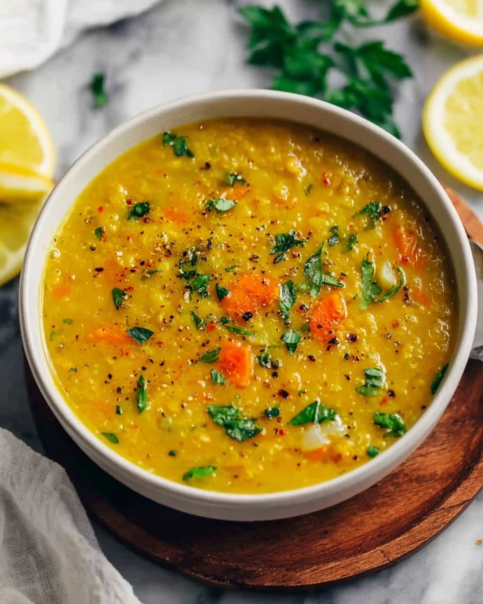 A white bowl filled with thick, golden yellow lentil soup on a wooden round plate. The soup has visible orange carrot slices and small white pieces, topped with chopped green herbs and black pepper flakes sprinkled on the surface. Around the bowl, there are lemon wedges and more green herbs on a white marbled surface, with a white cloth partially visible on the side. photo taken with an iphone --ar 4:5 --v 7