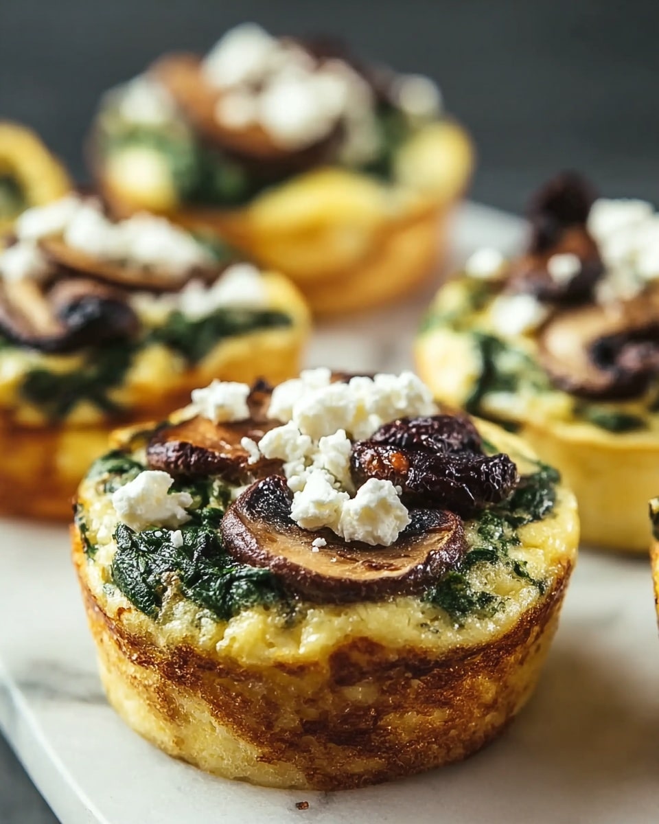 The image shows a close-up of mini quiches arranged closely together. Each quiche has three distinct layers: a golden-brown, crispy outer crust forming a round cup shape as the base; a bright green spinach layer filling the inside; and on top, golden-brown cooked mushroom slices with white crumbled cheese scattered unevenly. The quiches sit on a white marbled surface, with a focused shot on the front quiche and blurred ones in the background. photo taken with an iphone --ar 4:5 --v 7