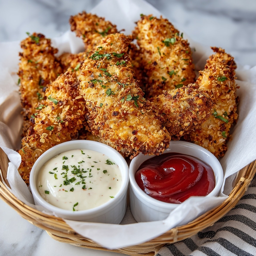 A white wire basket lined with crinkled white paper holds a pile of golden brown, crispy chicken tenders with a rough, crumbly texture sprinkled with small green herb pieces. To the left inside the basket, there is a small round white cup filled with creamy white dipping sauce dotted with herbs. On the right, there is another small round white cup filled with smooth dark red ketchup. The basket and sauces sit on a white marbled surface with a grey and white striped cloth showing at the edge. photo taken with an iphone --ar 4:5 --v 7