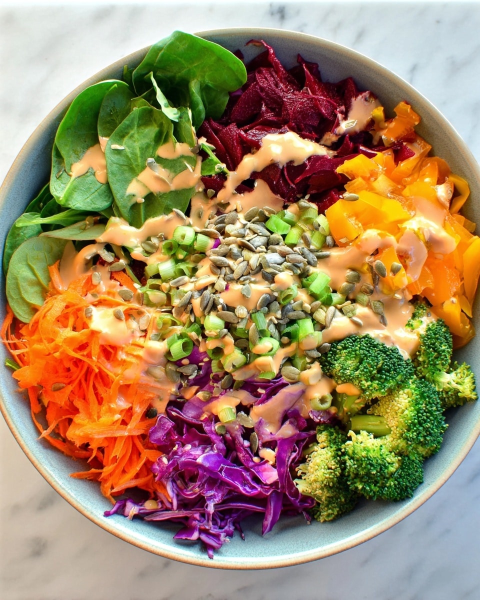 A white plate holds a colorful layered salad arranged in a circular pattern on a white marbled surface. The base layer consists of bright green broccoli florets on the top, and finely chopped dark green leafy vegetables around the sides. On one side, there are shredded orange carrots, opposite dark red beets. Small beige tofu cubes and light green chopped scallions are scattered on top. A creamy beige dressing is drizzled over the center, covering part of the toppings. The dish is finished with a generous sprinkle of light brown hemp seeds and sunflower seeds covering the dressing area. Photo taken with an iphone --ar 4:5 --v 7