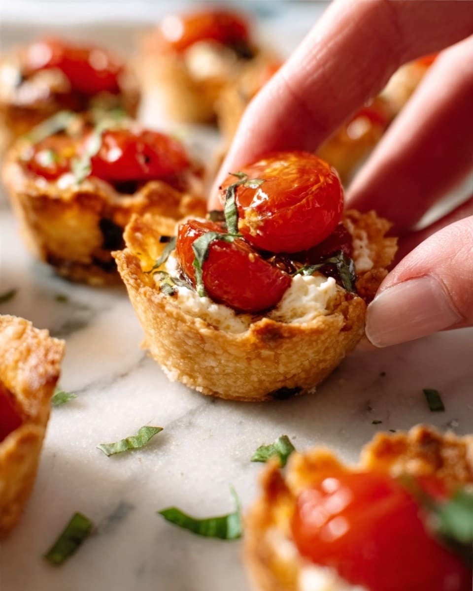 The image shows a close-up of a woman's hand holding a small bite-sized tart. The tart has three visible layers: a golden-brown crispy crust at the base, creamy white cheese or sauce in the middle, and a bright red cherry tomato on top, which is cut in half. Small green herbs are sprinkled around the tart on a white marbled surface, with more similar tarts blurred in the background. The lighting makes the colors look fresh and vivid. Photo taken with an iphone --ar 4:5 --v 7