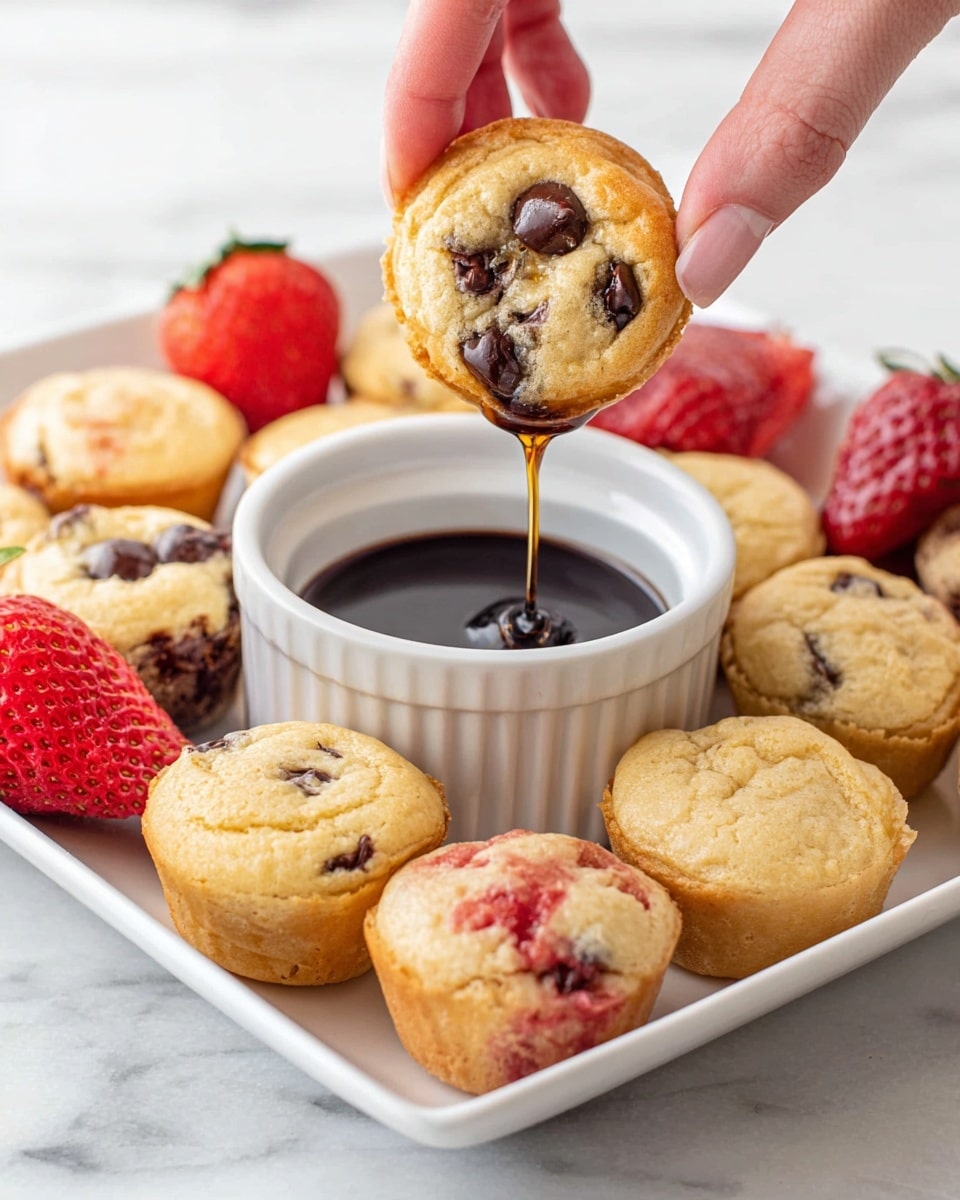 A close-up view of many small muffins stacked together on a white marbled texture, showing three main types: light golden brown muffins with melted dark brown chocolate chips scattered on top, pale yellow muffins with dark purple blueberries embedded within and bursting through, and light yellow muffins with bright red strawberry pieces visible on the surface. The muffins have a soft, slightly spongy texture with tiny air pockets and slightly uneven tops. photo taken with an iphone --ar 4:5 --v 7