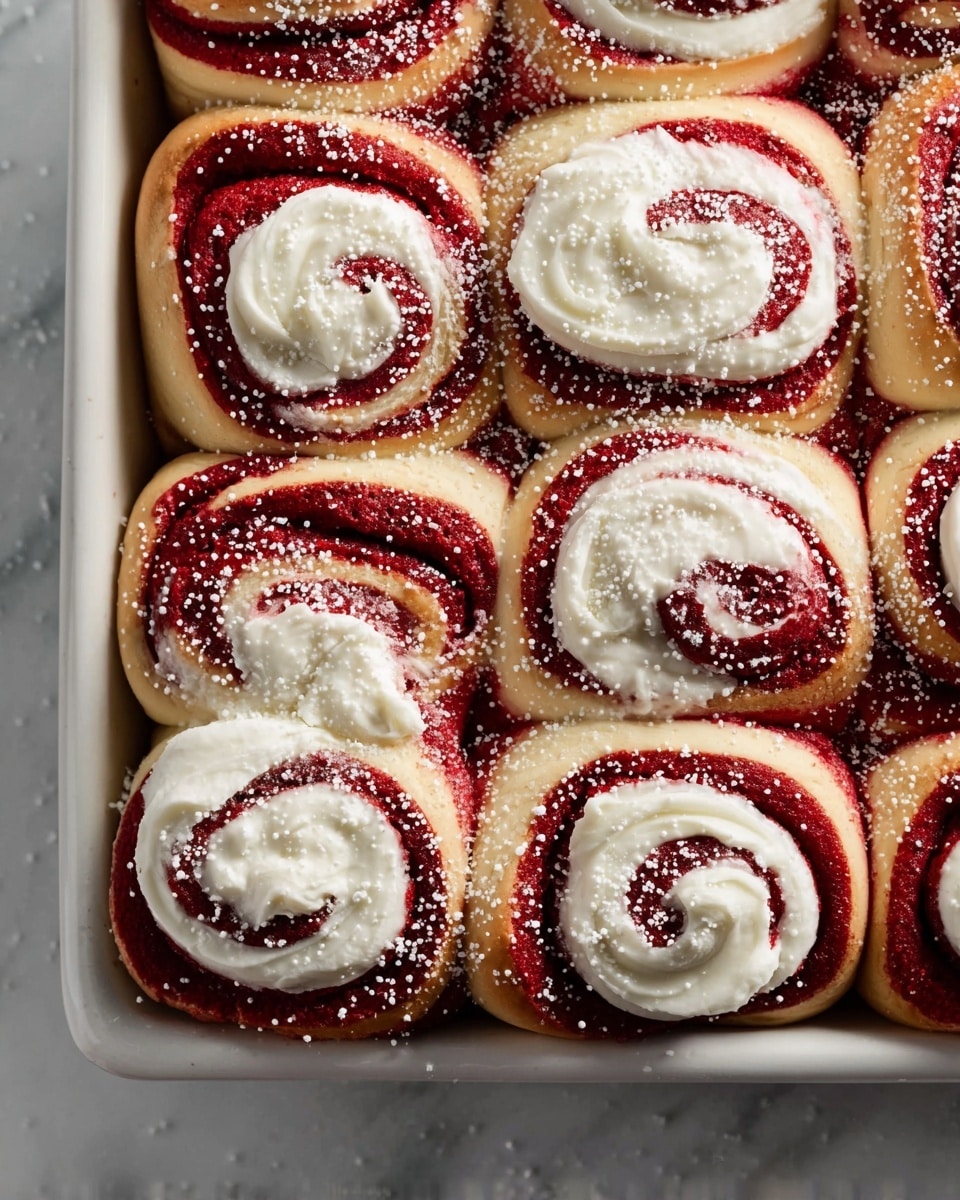The image shows a close-up of nine red velvet cinnamon rolls arranged tightly in a white rectangular baking pan. Each roll has a visible swirl pattern with three layers: the outer golden-brown dough, a thick red velvet filling, and a thick white cream cheese frosting spread on top in a spiral shape. The rolls are sprinkled with fine white powdered sugar, adding texture and contrast to the smooth frosting and soft dough. The pan sits on a white marbled surface, enhancing the warm, inviting look of the rolls. Photo taken with an iphone --ar 4:5 --v 7