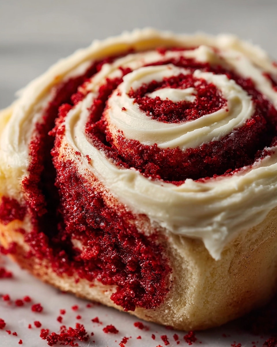 A close-up of a red velvet cinnamon roll showing three main layers: the outer light beige dough forming the base, the middle thick layer of deep red velvet crumbs with a grainy texture, and the top layer of smooth, creamy white frosting swirling from the center outward in a spiral. The roll rests on a white marbled surface with some red crumbs scattered lightly around. The swirl of frosting and crumbs is clearly defined, highlighting the contrast between the creamy and crumbly layers. photo taken with an iphone --ar 4:5 --v 7