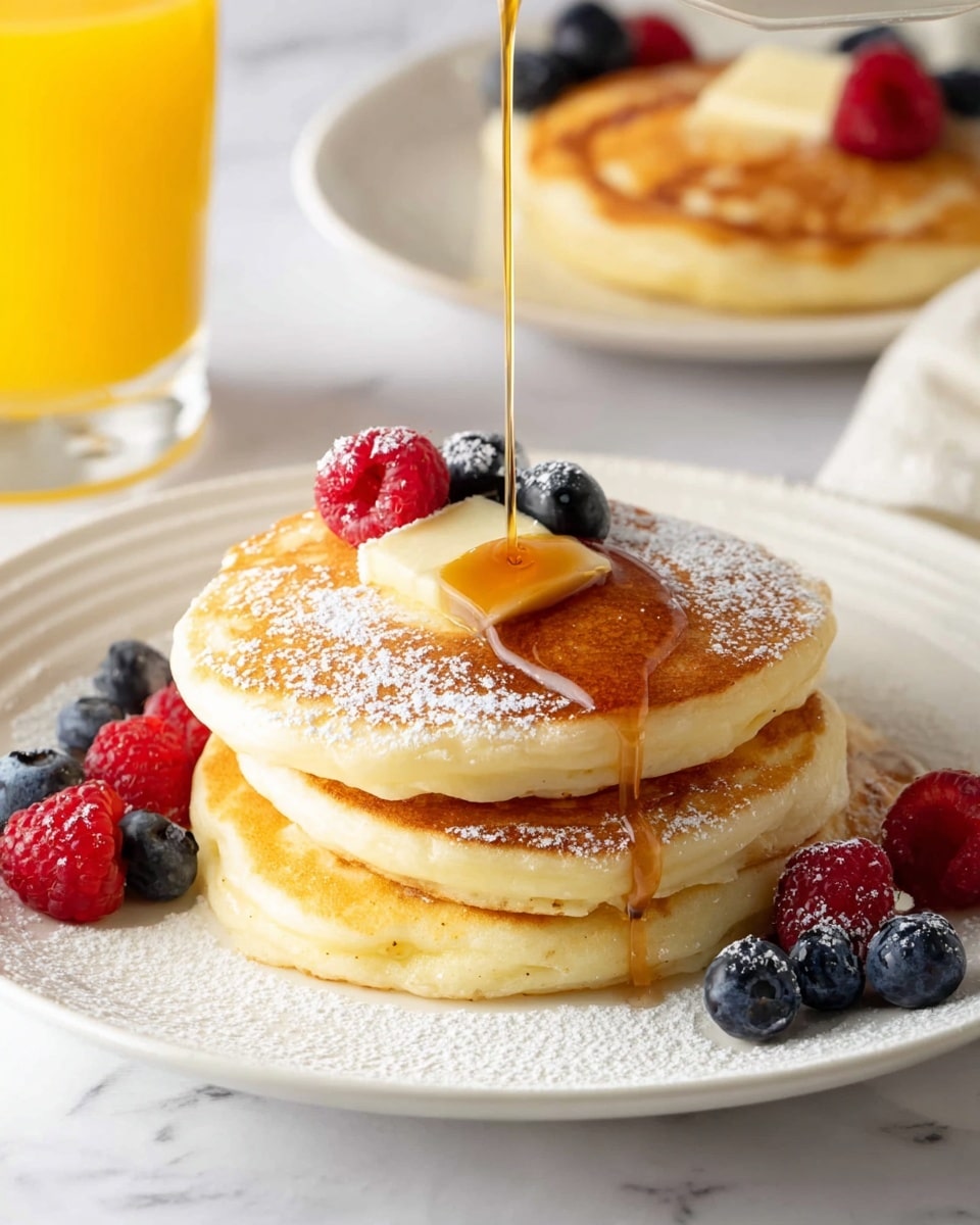 A stack of three golden brown pancakes sits in the center of a white plate with scalloped edges. The top pancake is adorned with a small melting pat of butter, golden syrup drizzling down the sides, and dusted with powdered sugar. Fresh berries, including one red raspberry and several plump blueberries, decorate the top and side of the stack. In the background, a white cup filled with syrup, a small white bowl of blueberries, a block of pale yellow butter on a rectangular white dish, another plate of pancakes with berries, and a glass of bright orange juice are arranged on a white marbled surface. Photo taken with an iphone --ar 4:5 --v 7