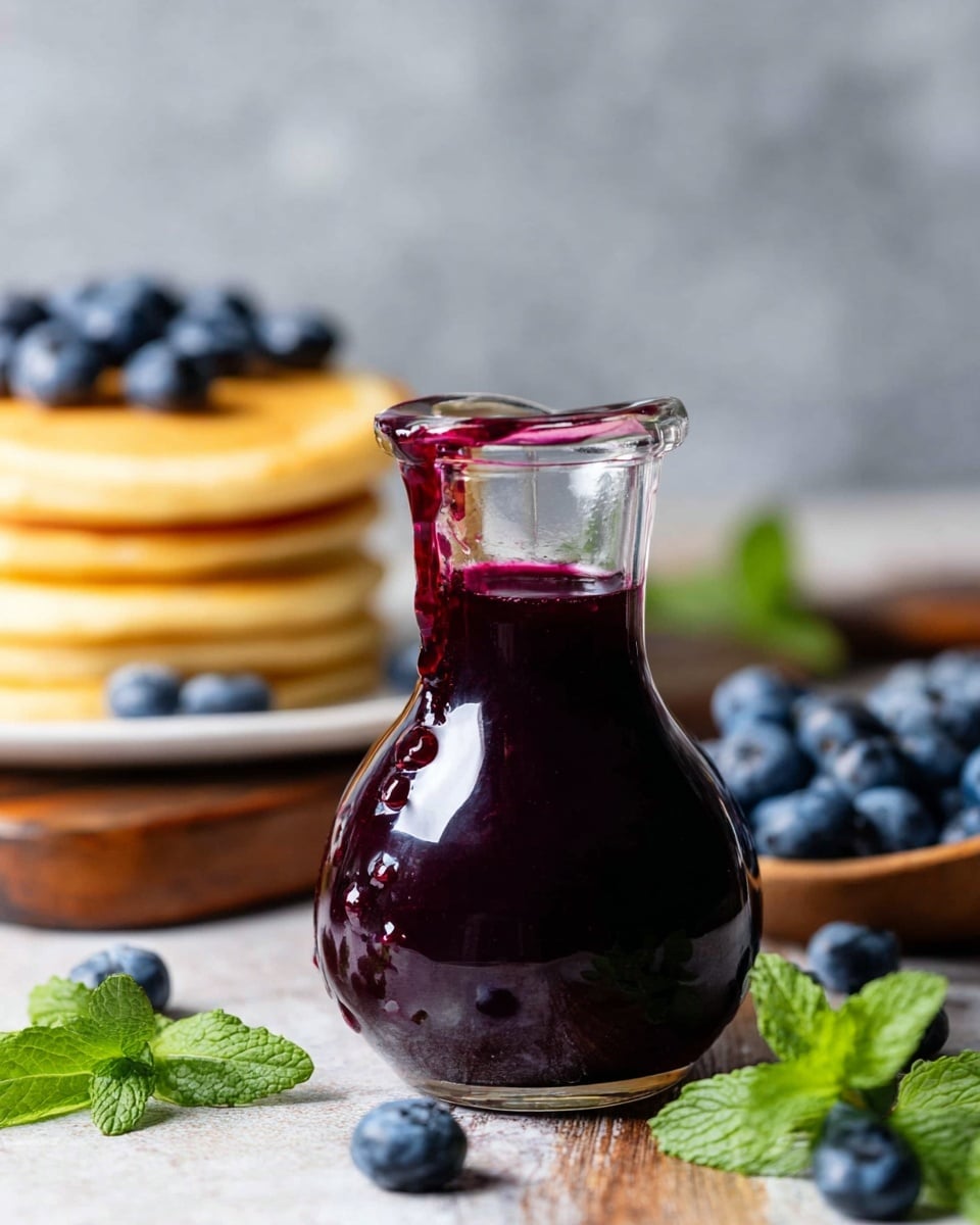 A small clear glass jug filled with thick, dark purple blueberry syrup showing a glossy texture, some syrup dripping slightly from the jug's spout. In the background, there is a short stack of four golden pancakes on a white plate, with a few green mint leaves placed nearby. Scattered fresh blueberries and green mint leaves with visible veins lie on a wooden table with a white marbled texture surface. The overall composition captures a cozy breakfast scene with a soft, blurred grey background. photo taken with an iphone --ar 4:5 --v 7