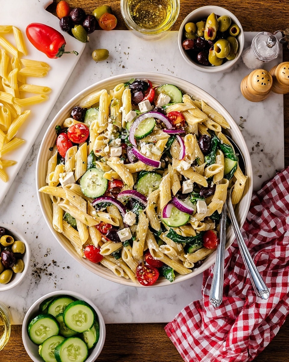 A white plate sits on a white marbled surface, filled with a colorful penne pasta salad layered with light yellow pasta tubes. Mixed throughout are bright green spinach leaves, dark black olive slices, and chunks of white feta cheese. There are also pieces of green cucumber and vibrant red cherry tomato halves, along with thin slices of purple-red onion scattered on top. The pasta salad looks seasoned with small flecks of black herbs. Around the plate, there are salt and pepper shakers, a bowl of black olives, another bowl with green olives, and a red-and-white checkered cloth with three silver forks resting on it. Photo taken with an iphone --ar 4:5 --v 7