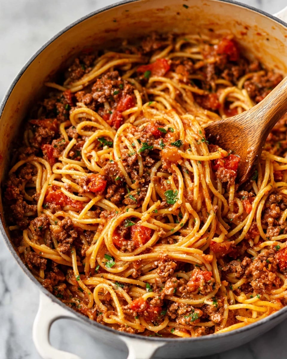 A close-up of a white plate filled with spaghetti pasta coated in a red tomato sauce mixed with small browned ground meat and sprinkled with chopped green herbs and black pepper. Some soft red tomato chunks and small bits of grated cheese are scattered on top. A fork is lifting a twist of spaghetti with sauce and meat from the plate, showing thick noodles coated in sauce and flecked with seasoning. The background is softly blurred with a white marbled texture. photo taken with an iphone --ar 4:5 --v 7