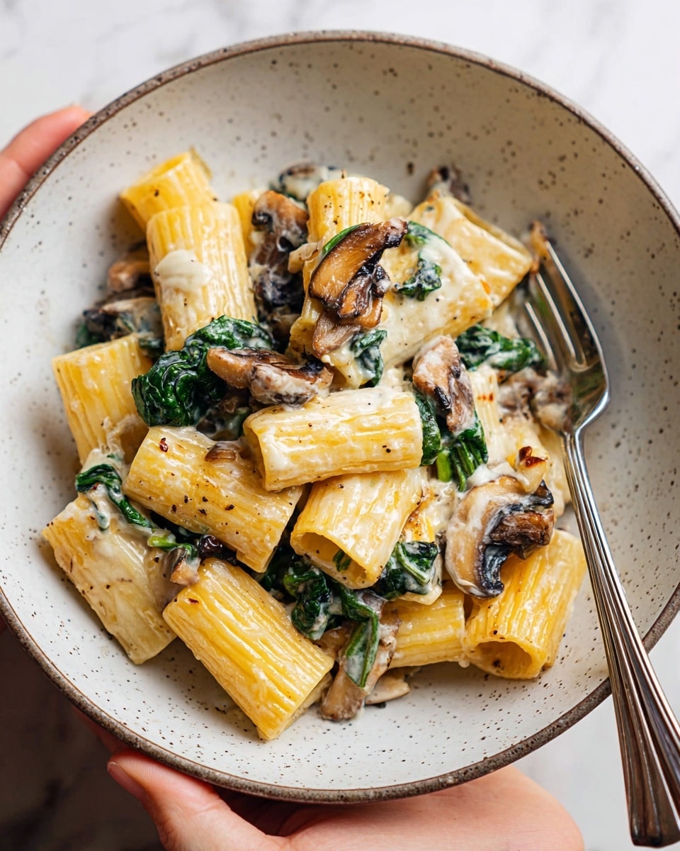 A close view of a bowl with five large yellow rigatoni pasta pieces, some showing light brown roasted spots, mixed with creamy white sauce that coats the pasta unevenly. Small pieces of dark brown sautéed mushrooms and bright green spinach leaves are scattered throughout. The bowl is white with gray speckles and has a silver fork on the right side. The bowl is held by two woman's hands against a white marbled texture background. photo taken with an iphone --ar 4:5 --v 7