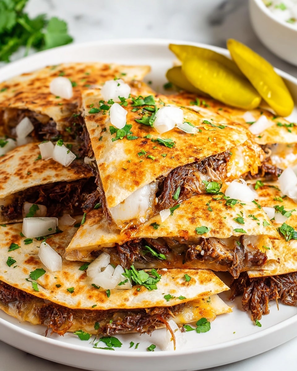 The image shows a white plate with several quesadilla wedges stacked on top of each other. Each quesadilla has a golden-brown toasted tortilla folded in half, with two visible layers inside: a soft, white melted cheese layer on top and shredded, dark brown meat beneath it. The quesadillas are sprinkled with small, chopped white onion pieces and bright green cilantro leaves. A few yellow-green pickled peppers are placed on the plate near the quesadillas. The plate sits on a white marbled surface. photo taken with an iphone --ar 4:5 --v 7