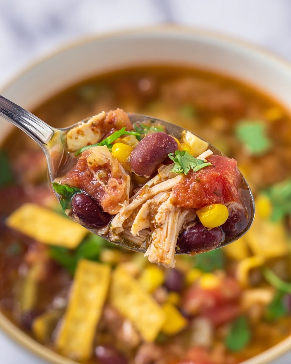 The image shows a large pot filled with a thick, chunky stew containing shredded brown chicken, yellow corn kernels, red tomato pieces, black beans, and green chopped herbs scattered on top, all mixed in a reddish-brown broth. A long silver spoon is resting inside the pot on the left side. Around the pot, there is a white bowl with shredded orange cheese at the top left, a small white measuring cup filled with yellow corn kernels at the bottom left, and a whole garlic bulb next to it. On the right side, there are two tall glass shakers—one with salt and the other with pepper—placed on a light blue cloth with a green lime near them. Three shiny gold spoons are also laid out on the cloth. The entire scene is set on a white marbled surface. photo taken with an iphone --ar 4:5 --v 7