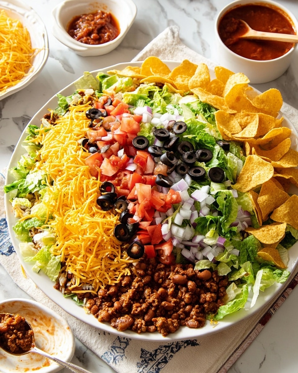 A large white oval plate on a white marbled surface holds a layered taco salad. The bottom layer is a mix of cooked ground meat and beans in a reddish sauce. On top of this is a layer of cooked white rice. Next, there is a layer of shredded bright yellow cheddar cheese spread over the rice. Above the cheese, shredded green lettuce is placed beside chopped red tomatoes and white onions. Sliced black olives are sprinkled generously over the lettuce, tomatoes, and onions. A pile of yellow corn chip scoops is stacked on one side of the salad. In the background, a white bowl with reddish salsa and a wooden spoon is visible. A white sauce dish with a spoon that has some of the salad mix is at the side. The overall scene is bright and colorful with fresh, textured ingredients arranged neatly. Photo taken with an iphone --ar 4:5 --v 7