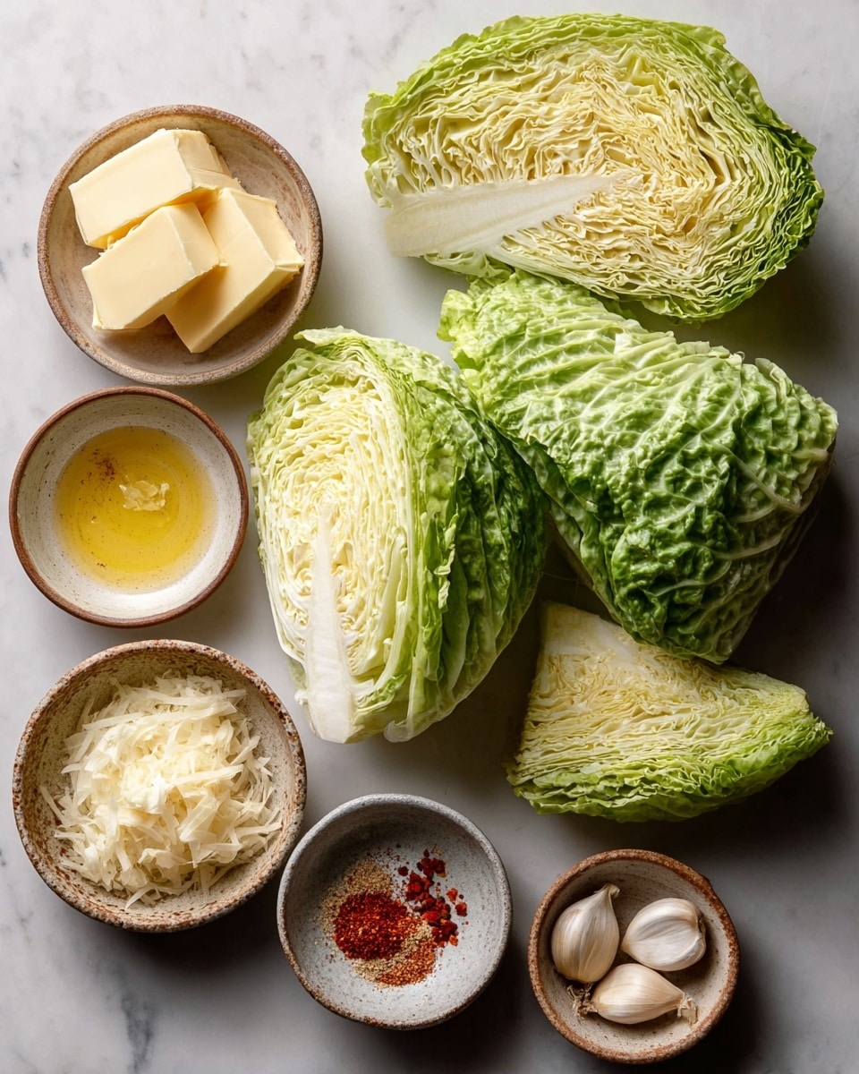 The image shows fresh green cabbage cut into four pieces with layered crinkly leaves, placed on a white marbled surface. Around it are five small, rustic bowls with different ingredients: one bowl holds light yellow clarified butter or ghee with a sprinkle of red spice, another has pale yellow butter blocks, a third contains soft, shredded white onions, the fourth bowl has a mix of powdered spices with red, green, and brown colors, and the smallest bowl holds three whole garlic cloves. The arrangement is neat and has a natural, simple feel. Photo taken with an iphone --ar 4:5 --v 7