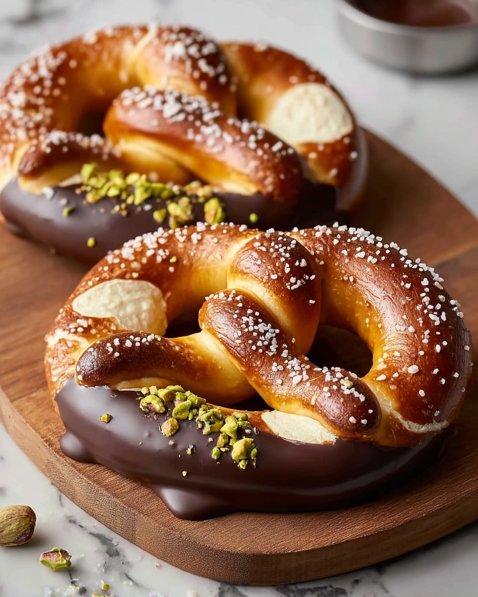Two soft pretzels with a shiny golden-brown crust sit on a wooden board placed on a white marbled surface. Each pretzel is thick and twisted in the usual knot shape, sprinkled with coarse white salt. The bottom ends of the pretzels are dipped in glossy dark chocolate, which smoothly covers the tips and drips slightly onto the board. On top of the pretzels, there are small pieces of bright green pistachios adding a bit of texture and color contrast. The pretzels look fresh and inviting, with the chocolate and nuts adding extra detail. photo taken with an iphone --ar 4:5 --v 7