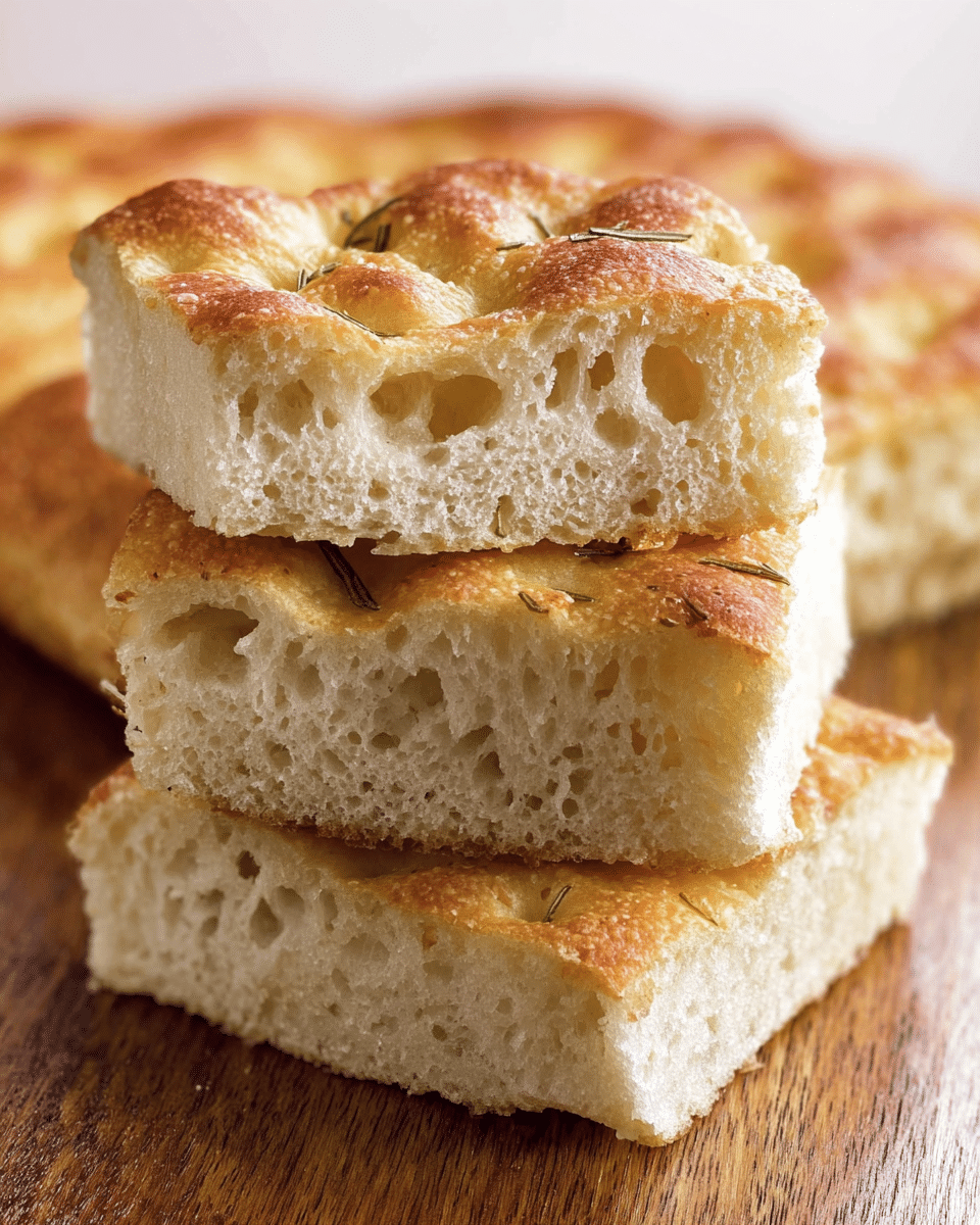 The image shows a thick square focaccia bread baked in a rectangular pan. The focaccia is golden brown on top with visible dimples and a light sprinkling of coarse salt and rosemary. The bread has a soft, airy texture inside with small holes and a pale beige color. Part of the focaccia has been cut away, revealing the inside. The pan is placed on a white marbled surface, and there is a purple cloth in the top background. photo taken with an iphone --ar 4:5 --v 7