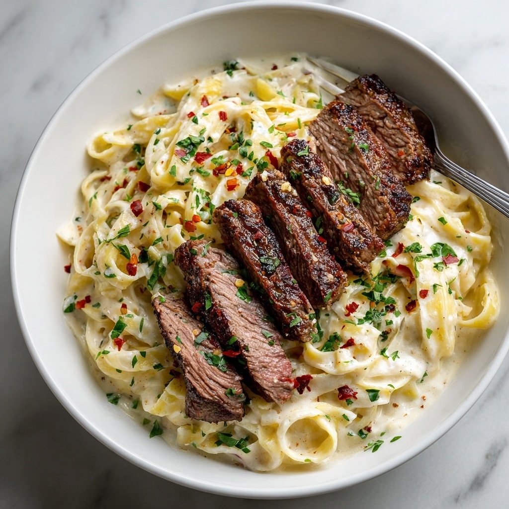 A white bowl holds creamy fettuccine pasta as the base layer, rich in smooth, pale cream sauce with a soft texture, twisted and piled high in a circular mound. On top, there are five slices of grilled steak, medium cooked with a dark brown sear and juicy inside, arranged in a row across the pasta in the center. The dish is sprinkled with finely chopped green parsley and small red chili flakes evenly spread over the pasta and meat, adding vibrant color spots. The bowl sits on a white marbled textured surface, and a silver fork is placed nearby on the right side. Photo taken with an iphone --ar 4:5 --v 7