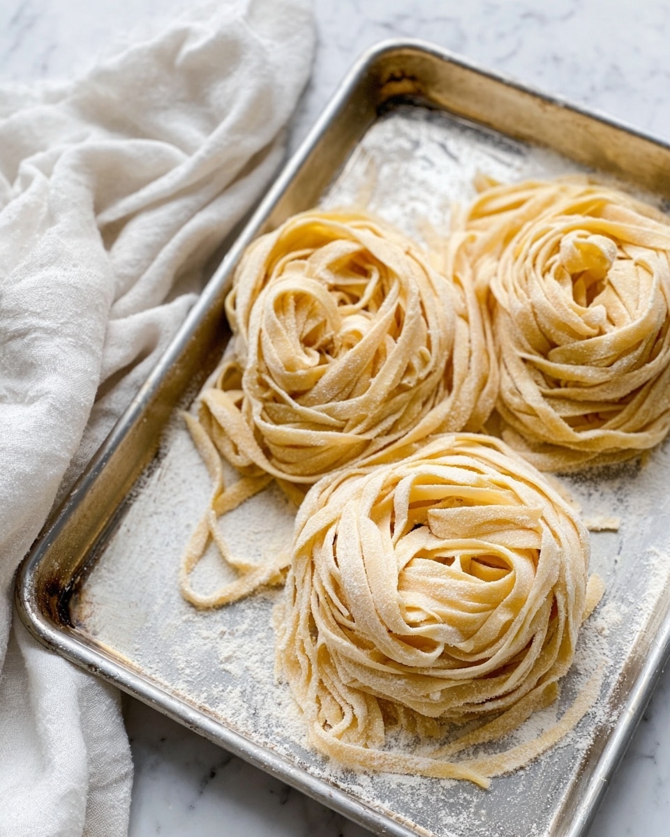 The image shows three piles of fresh homemade pasta with a light yellow color and a dusting of white flour on them, placed on a black tray that is also sprinkled with flour. The pasta strands are flat and look soft, tangled in loose nests of different sizes. Near the top of the tray is a wooden bowl filled with white flour, positioned slightly above the three pasta piles. To the right edge of the tray, part of a pasta machine can be seen, made of shiny metal. The whole scene is on a white marbled texture surface, adding a clean contrast to the dark tray and pale pasta. Photo taken with an iphone --ar 4:5 --v 7