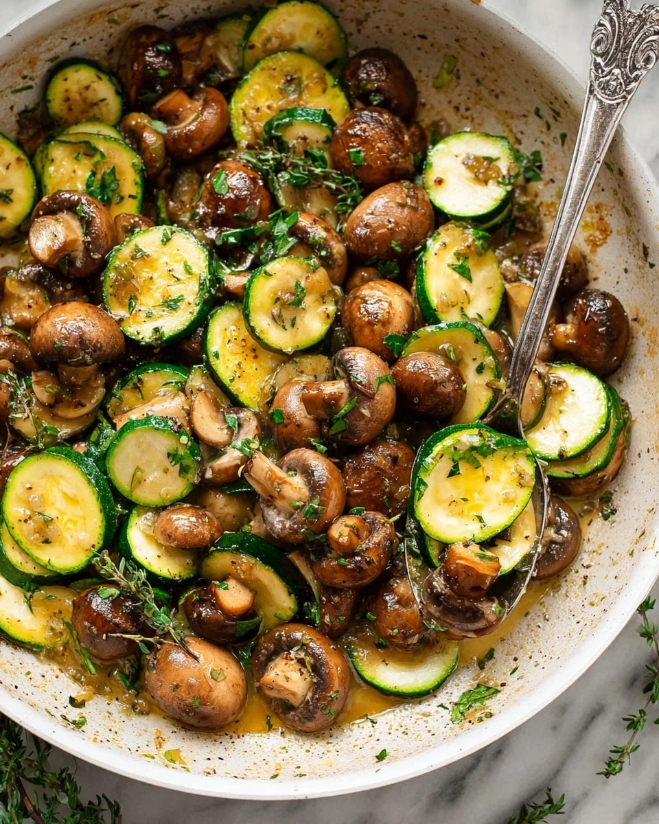 A close-up view of a white pan filled with sautéed vegetables including whole and halved brown mushrooms and sliced zucchini, both having a shiny, cooked texture. The mushrooms are a mix of golden brown and darker brown, some showing their gills, while the zucchini slices have a bright green skin and light yellow flesh. The vegetables are mixed in a light brown sauce with small bits of herbs, black pepper, and garlic visible. Fresh green herb sprigs and chopped parsley are sprinkled throughout, adding a fresh contrast. A silver spoon rests inside the pan, partially submerged in the mixture. The pan is set on a white marbled surface with some herbs around it. Photo taken with an iphone --ar 4:5 --v 7