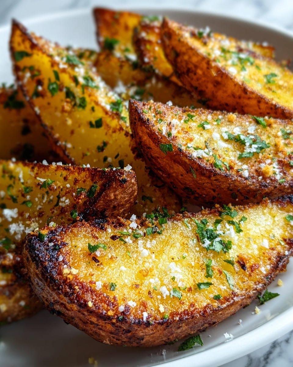 The image shows crispy potato wedges stacked in a white bowl, each wedge golden brown with a rough textured skin and soft yellow inside. The wedges are covered with a reddish-brown spice mix, small green parsley pieces, and white salt flakes sprinkled on top. The lighting highlights the crunchy outside and fluffy inside of the potatoes, creating a warm and inviting look. The bowl rests on a white marbled surface without other items visible. photo taken with an iphone --ar 4:5 --v 7