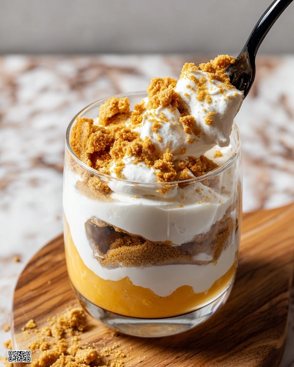 Two clear glasses hold a layered dessert placed on a wooden board, set against a white marbled surface. Each glass has four layers starting from the bottom with a pale orange layer of pumpkin or sweet filling, followed by a thick white whipped cream layer, then a crumbly brown cookie or graham cracker layer, and topped with another dollop of whipped cream sprinkled with crushed crumbs. The textures contrast with the smooth cream, soft orange filling, and crunchy crumbs creating a rich look. A blurred beige cloth is seen in the background. photo taken with an iphone --ar 4:5 --v 7