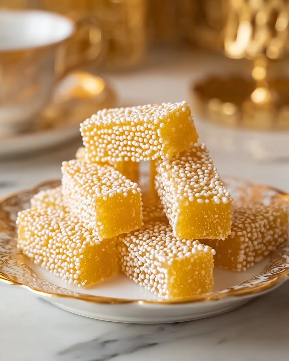 The image shows a stack of eight yellowish-orange rectangular jelly candies covered evenly with small white sugar beads. The candies have a translucent, smooth texture and are arranged on a white plate with thin brown decorative lines near the rim. The plate is placed on a white marbled surface, and the background is softly blurred with hints of golden objects. The candies are stacked in a crisscross manner with some lying flat and others leaning on top, creating a small pyramid shape. Photo taken with an iphone --ar 4:5 --v 7