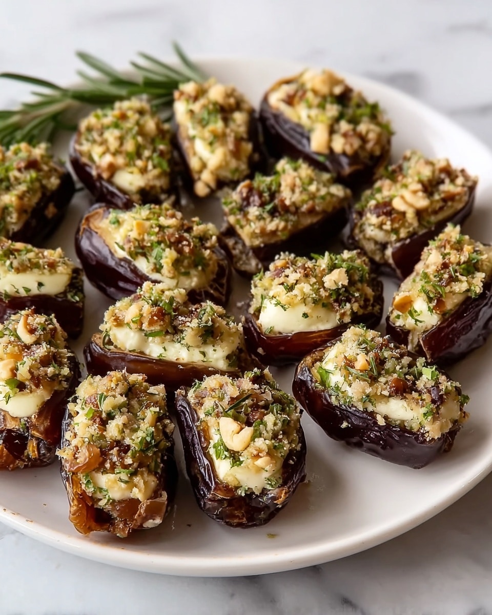 The image shows a white plate filled with stuffed dates arranged closely together. Each date is dark brown and split open in the middle, filled with a thick layer of creamy light yellow cheese. On top of the cheese is a generous sprinkle of chopped nuts mixed with finely chopped green herbs, adding a rough texture and small pop of color. The stuffed dates have a slightly shiny and sticky look, and a few sprigs of fresh green rosemary decorate the plate. The whole scene sits on a white marbled surface. Photo taken with an iphone --ar 4:5 --v 7