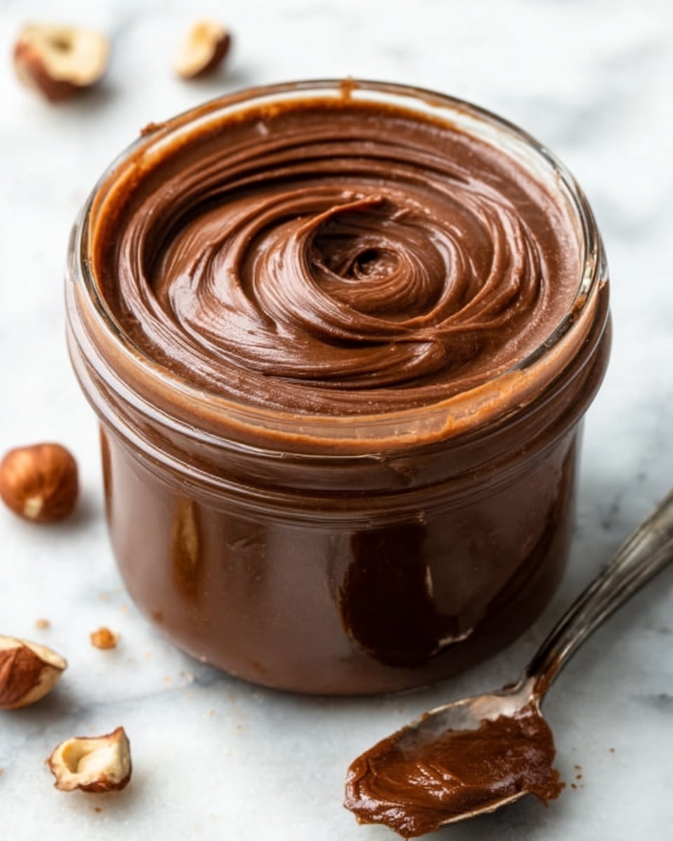 The image shows a small glass jar filled with smooth, thick chocolate spread. The chocolate surface is glossy and has a swirl pattern on top, showing a creamy texture. The jar is placed on a white marbled surface, with a few hazelnuts and a silver spoon nearby. The rich brown color of the chocolate contrasts with the clear glass and the white background. photo taken with an iphone --ar 4:5 --v 7