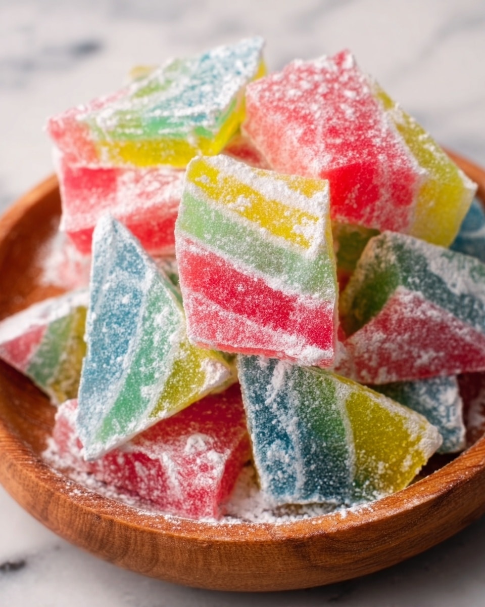 A wooden bowl filled with colorful Turkish delight pieces is shown close up on a white marbled surface. The cubes of Turkish delight are coated in white powdered sugar, giving them a soft, snowy look. The pieces come in bright shades of red, green, and a pale pink, each with a slightly translucent, jelly-like texture inside the sugary coating. The colorful cubes are stacked unevenly, some overlapping, displaying their smooth and slightly sticky surface beneath the sugar dusting. Photo taken with an iphone --ar 4:5 --v 7