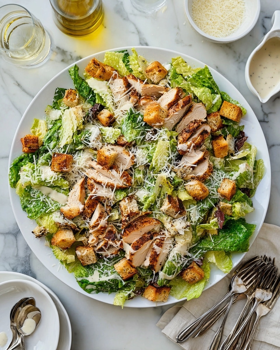The image shows three white plates filled with a fresh Caesar salad. Each salad has a base layer of green romaine lettuce with a slightly glossy texture, topped with grilled chicken slices that are light brown with charred grill marks, arranged evenly across the salad. On top of the chicken and lettuce, there are golden brown croutons with a crunchy texture scattered throughout. The salads are finished with fine, white shredded parmesan cheese sprinkled over everything. Around the plates on a white marbled surface are a small white bowl filled with shredded cheese, a glass of white wine, and a woman's hand pouring wine into the glass. photo taken with an iphone --ar 4:5 --v 7