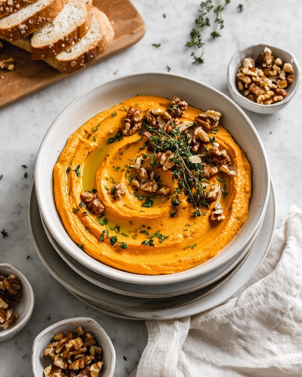 A white bowl holds a smooth, thick layer of orange spread or dip, swirled on top with a creamy texture. On top of the orange layer, there are scattered pieces of chopped walnuts and small green herb leaves sprinkled evenly. Leaning on the edge of the bowl are two toasted slices of crusty bread with golden-brown edges and airy, hole-filled centers. The bowl sits on a dark plate, placed on a white marbled surface. Around it, there is a white cloth napkin, a wooden board with a piece of crusty bread at the top left, a small white bowl with honey and a wooden honey dipper to the right, and another small white bowl with extra walnuts at the bottom right. Photo taken with an iphone --ar 4:5 --v 7