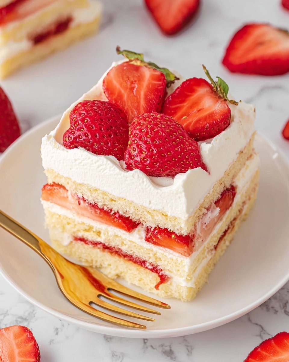 A square slice of layered strawberry shortcake sits on a white plate placed on a white marbled surface. The dessert has multiple layers starting from the bottom with a soft, pale yellow sponge cake, followed by a white cream layer with strawberry slices embedded inside. Above this is another layer of sponge cake that has a thin spread of red strawberry jam. The topmost layer is a thick white cream topped with fresh sliced strawberries arranged neatly. A fork on the plate holds a bite-sized piece showing the same layers, and fresh whole and sliced strawberries are scattered around the plate and surface. Photo taken with an iphone --ar 4:5 --v 7