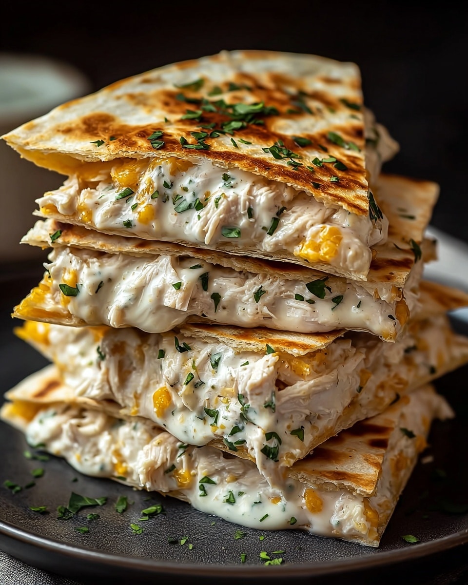 The image shows a close-up view of a stacked pile of quesadilla slices on a white plate. Each quesadilla slice has two thin, golden-brown grilled tortilla layers on the outside. Between the tortillas, there are creamy white melted cheese mixed with finely chopped green herbs and pieces of shredded chicken, along with some melted yellow cheese. The quesadilla pieces are cut into large triangles, with each piece stacked unevenly to show the gooey, cheesy inside with herbs and chicken spilling slightly at the edges. The background has a white marbled texture. Photo taken with an iphone --ar 4:5 --v 7