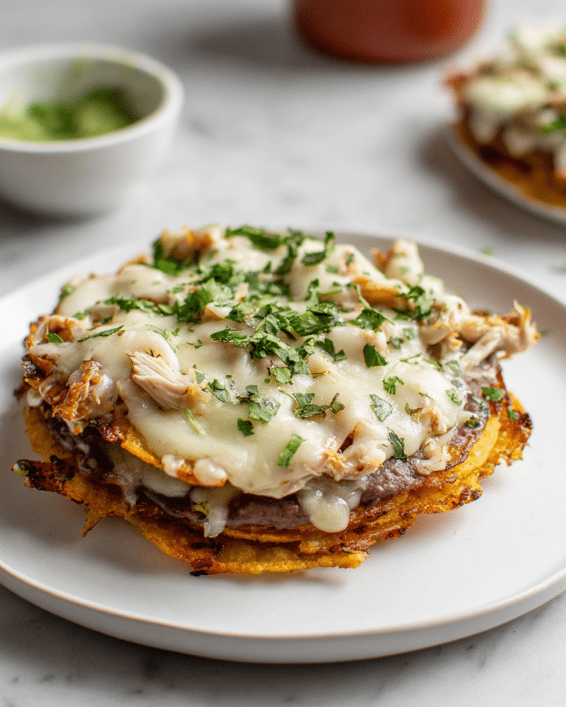 Shredded Chicken Tostada Stacks with Creamy Black Beans Recipe