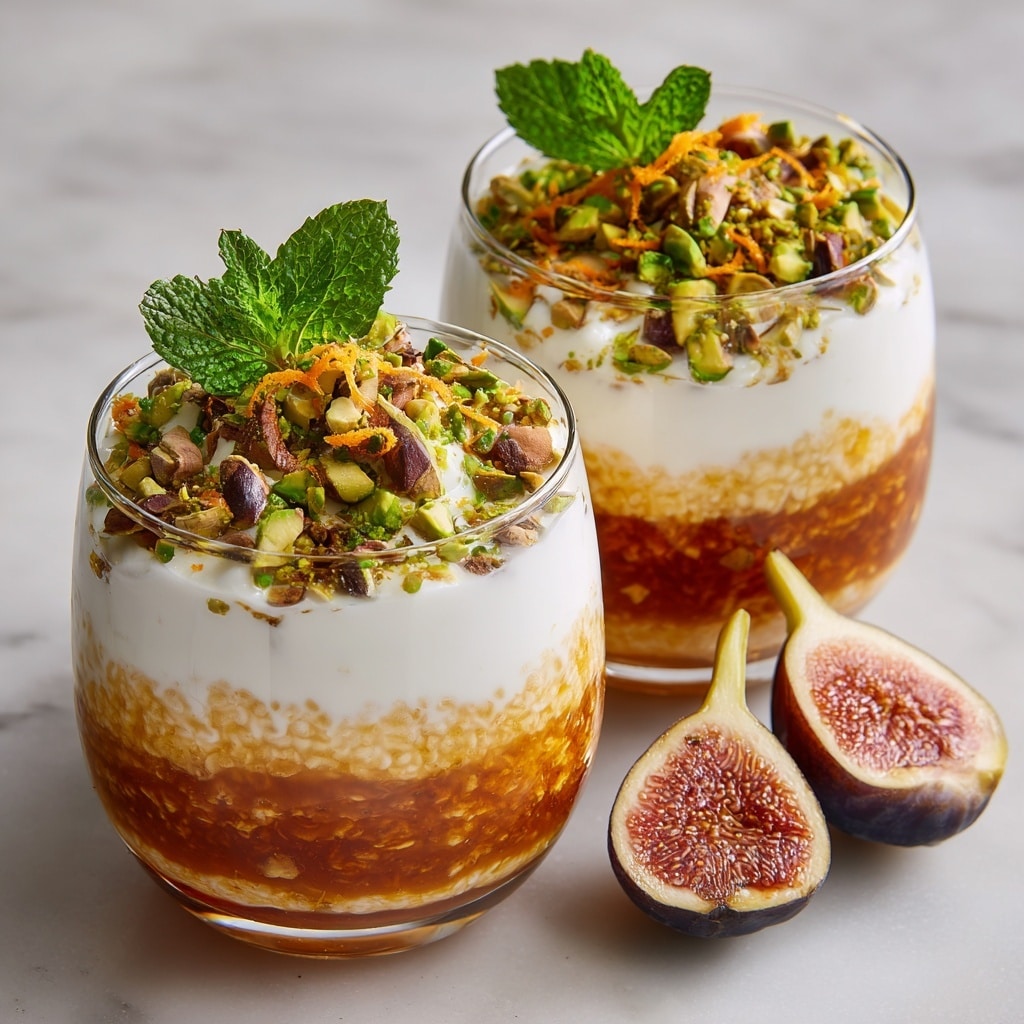 The image shows two clear glass cups with a three-layer dessert placed on a white marbled surface. The first layer at the bottom is smooth and golden brown in color. The middle layer is creamy white with a bumpy texture that looks like tapioca pearls mixed into a pudding. The top layer is dark brown with a chunky texture, sprinkled with bright green chopped nuts and small bits of orange peel. A fresh green mint leaf and a sliced fig with a deep purple skin and red interior sit on top for decoration. One cup is in front and fully visible, while the second cup is slightly blurred in the background. Two fig slices lay on the surface near the cups. Photo taken with an iphone --ar 4:5 --v 7