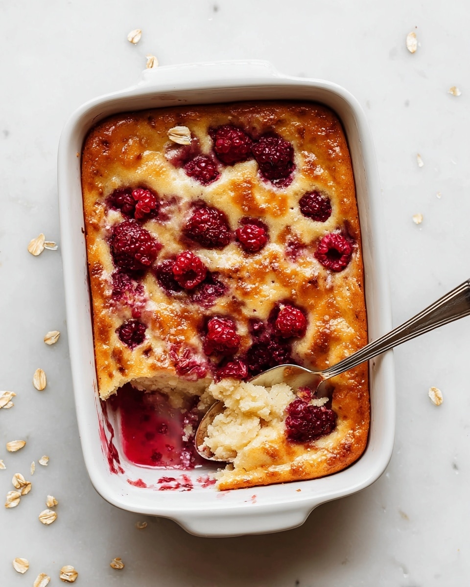 A white rectangular baking dish filled with a baked dessert showing two layers: the bottom layer is a soft, golden-brown cake with a slightly uneven surface and a glossy finish, while the top layer has bright red raspberries scattered throughout, some slightly sunken into the cake; a silver spoon is placed inside the dish on the left side, partially digging into the dessert, and the dish is set on a white marbled surface with a few scattered oatmeal flakes around. Photo taken with an iphone --ar 4:5 --v 7