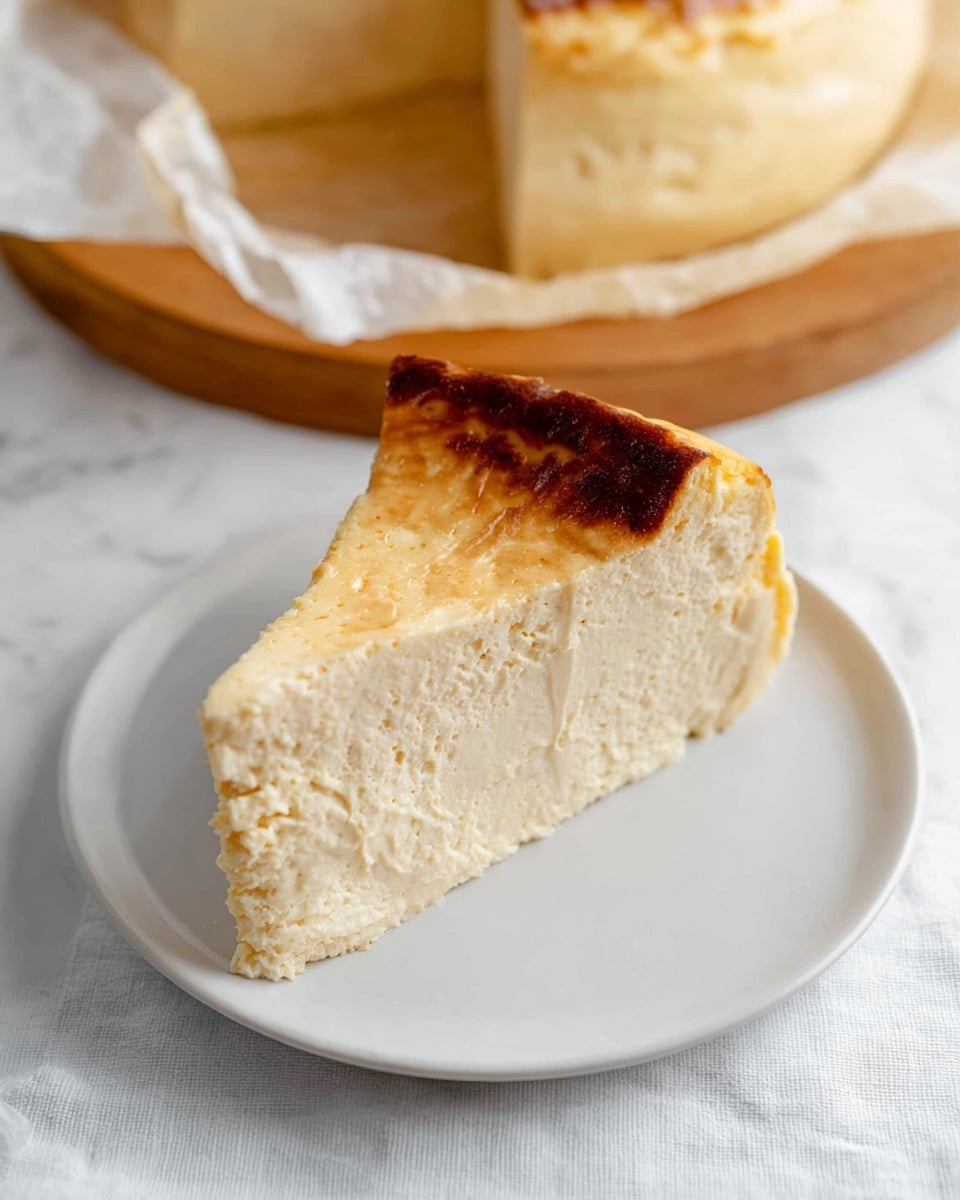 A single slice of cheesecake sits on a white plate on a white marbled surface. The cheesecake has one main thick creamy layer, pale beige in color with a soft, smooth yet slightly textured surface. The outer edge of the slice has a darker golden-brown crust that is slightly blistered. In the background, the remainder of the cheesecake is visible resting on parchment paper on a wooden board. The overall look is simple and rustic. Photo taken with an iphone --ar 4:5 --v 7