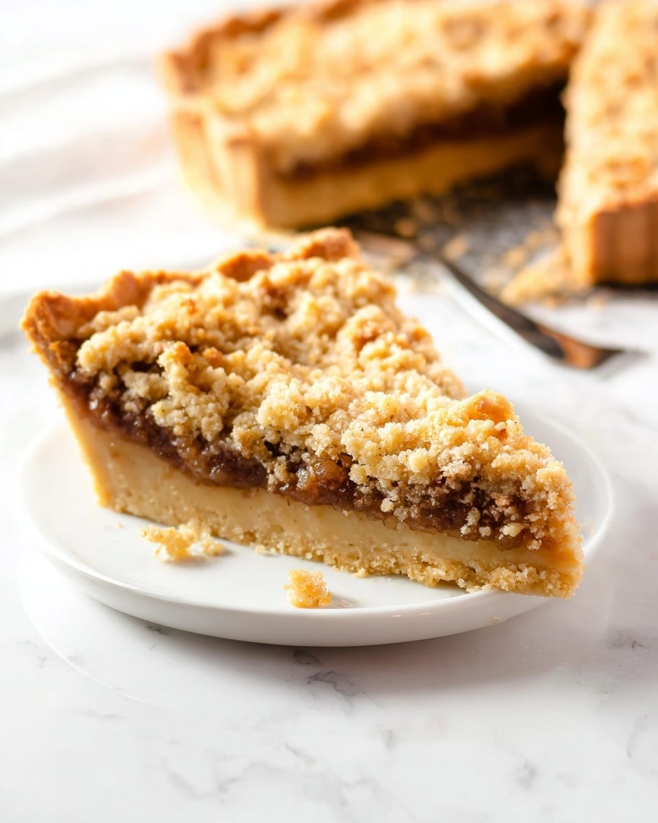 A close-up view of a sliced pie with three visible slices arranged next to each other on a white marbled surface. The pie has a golden-brown crust with a slightly rough, crumbly edge. The filling is a medium brown color, smooth and dense, covered with a thick layer of pale golden crumb topping with a coarse texture. A pie server is lifting the middle slice, showing the thick crust at the bottom and the crumbly top evenly spread across the pie's surface. The crumb topping looks crunchy and uneven, giving a textured finish to the pie. photo taken with an iphone --ar 4:5 --v 7