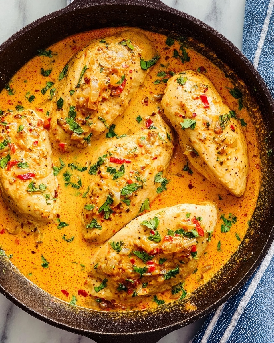 A white plate with a single cooked chicken breast sliced into five thick pieces, placed slightly overlapping in the center, with a creamy yellow sauce filled with small pieces of red tomato and green herbs spread all around the chicken. The sauce has a smooth, rich texture with visible bits of herbs scattered on top and around the plate. Fresh chopped green herbs are sprinkled over the chicken and sauce for a fresh look. The plate is set on a white marbled surface with a blurred background showing a fork and dark green peppers. photo taken with an iphone --ar 4:5 --v 7