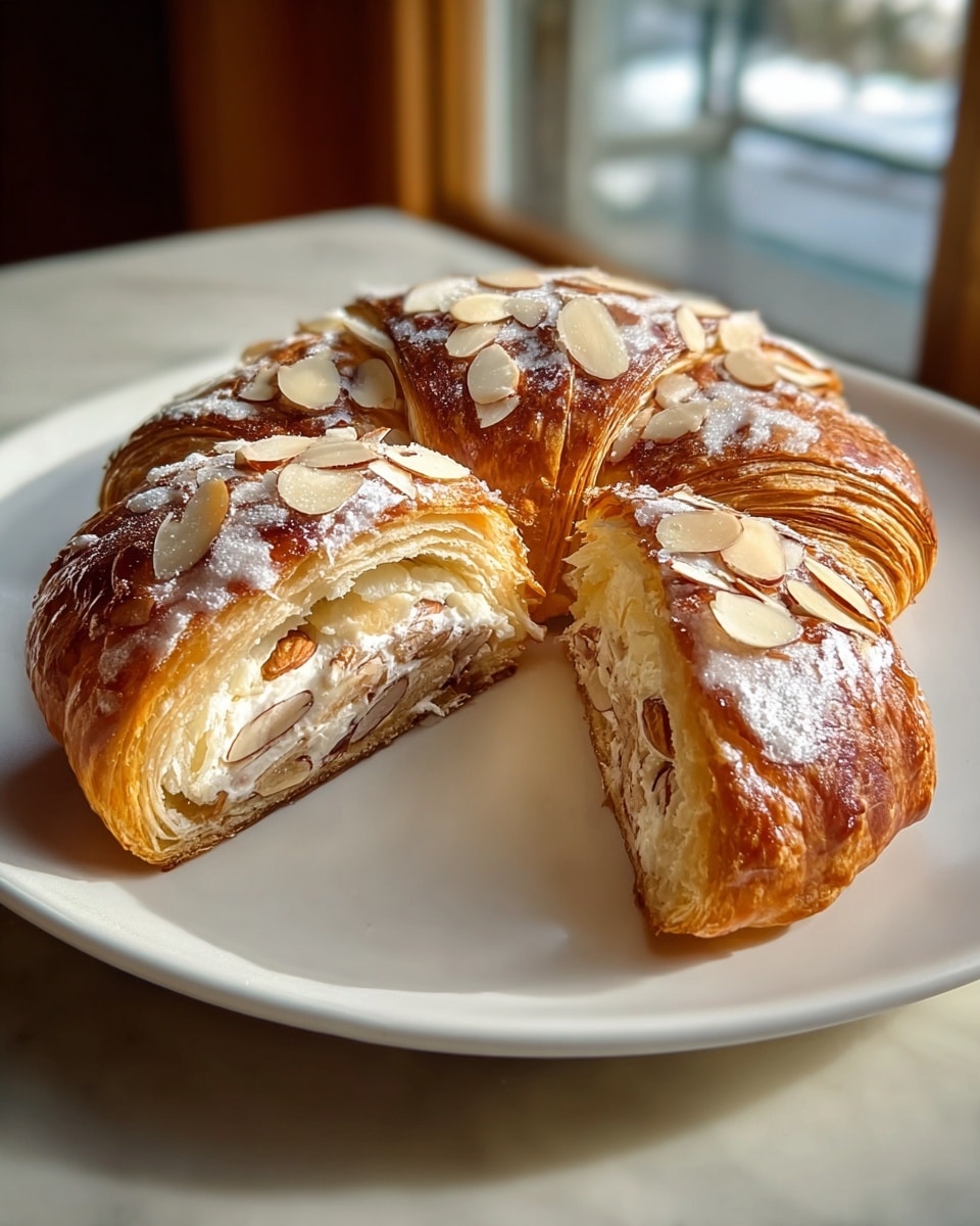 A flaky croissant with a golden-brown crust topped with powdered sugar and sliced almonds is placed on a white plate. The croissant is cut to show its inside layers: the outer layer is crispy with a shiny texture, followed by many thin, light yellow layers of pastry, and the inside is filled with creamy almond paste mixed with visible almond slices. The plate rests on a white marbled textured surface near a window with natural light. photo taken with an iphone --ar 4:5 --v 7