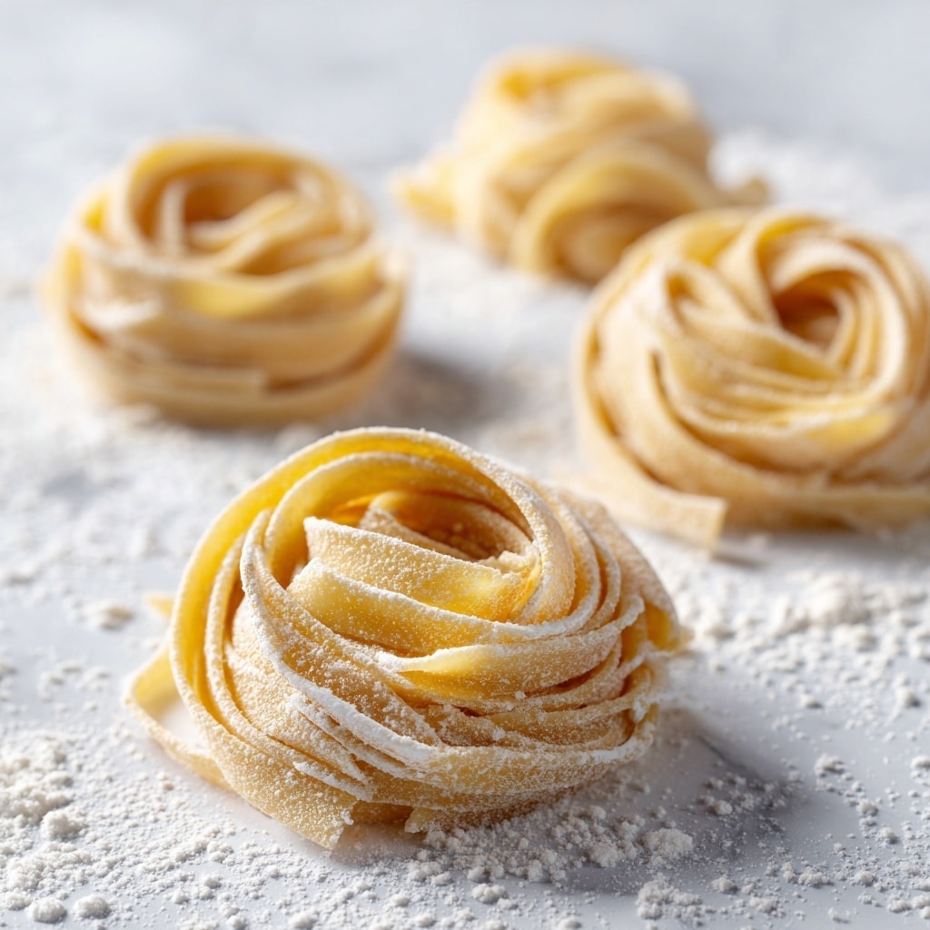 The image shows four nests of fresh pasta made with thin flat ribbons that are folded and twisted into round shapes. Each nest has multiple layers of pale yellow pasta with a soft, slightly rough texture, lightly dusted with white flour. The pasta nests are placed on a white marbled textured surface, which has scattered flour all around, giving a rustic and fresh look. The closest nest in the bottom right is in sharp focus, showing fine details of the dough and flour, while the other nests gradually blur into the background. photo taken with an iphone --ar 4:5 --v 7