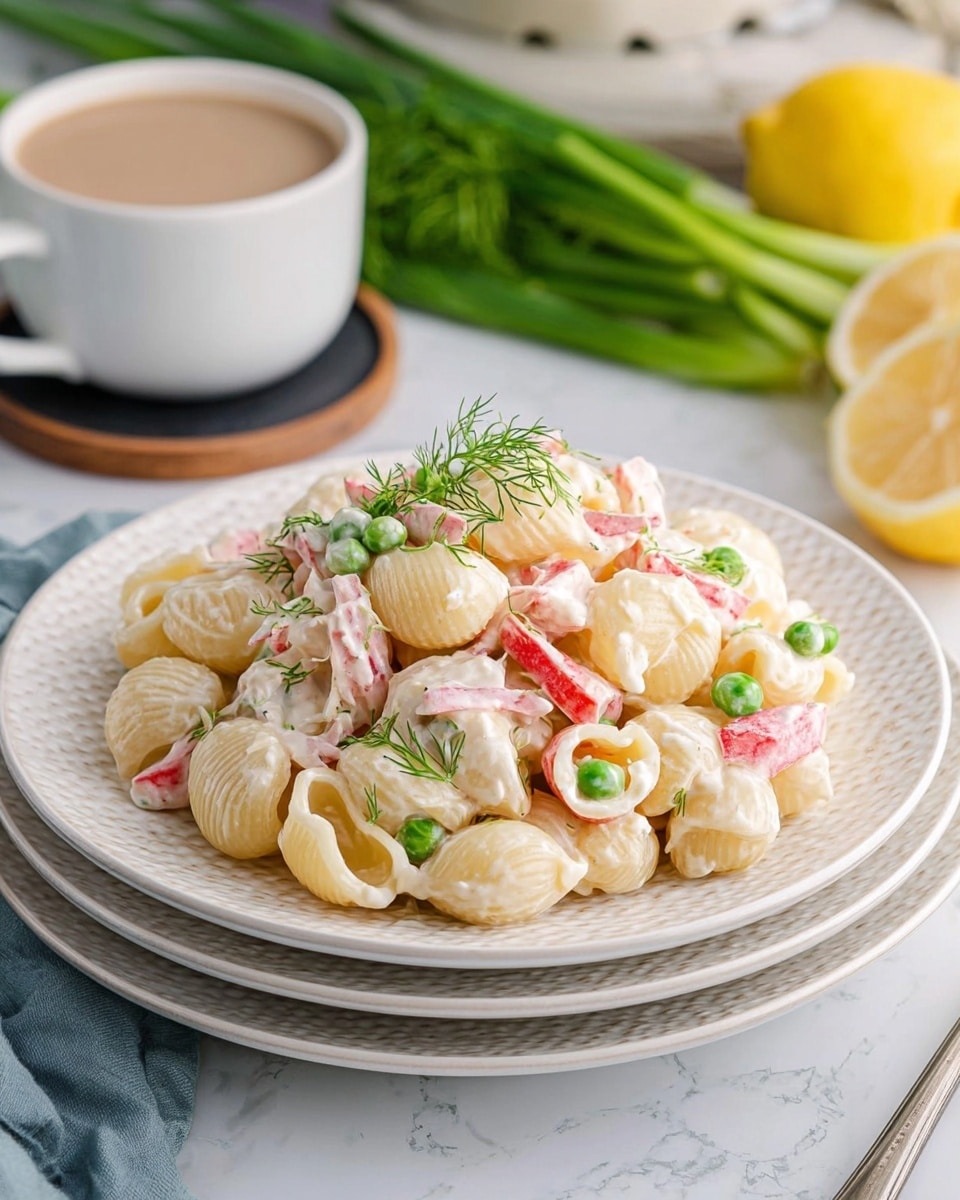 A large white bowl filled with a creamy pasta salad featuring about two layers of shell pasta, light peach in color, mixed with long, thin strips of white and pink crab sticks. Thin slices of light green celery and bright green spring onions are scattered throughout, adding texture and color. Small green dill leaves are sprinkled on top, giving a fresh touch. The pasta and crab are coated evenly in a smooth, white creamy dressing. The bowl sits on a white marbled surface with some green onions partially visible to the side. Photo taken with an iphone --ar 4:5 --v 7
