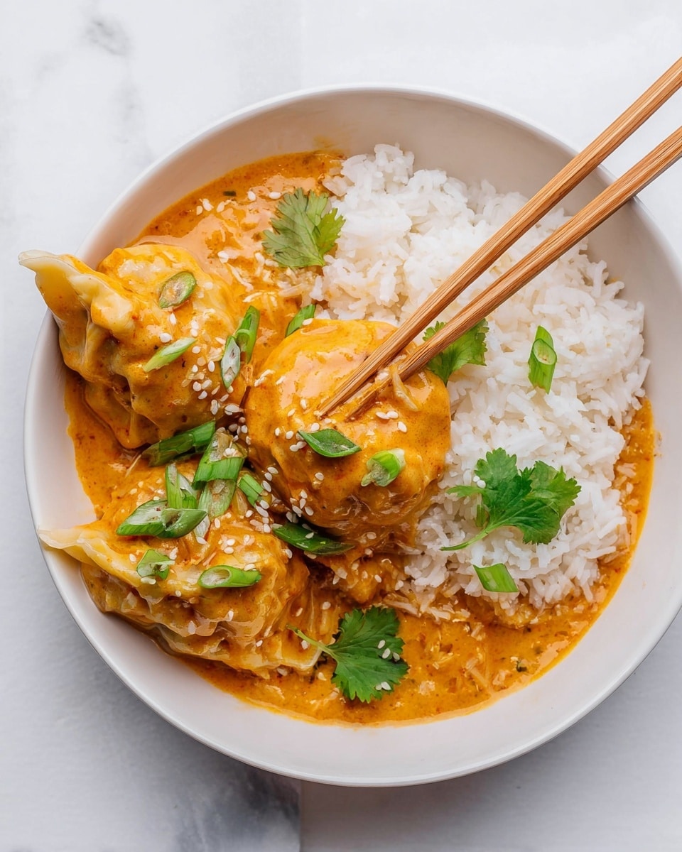 A white bowl holds a dish with three golden brown dumplings covered in a thick, creamy orange sauce, garnished with small green onion slices and fresh cilantro leaves. The dumplings are slightly browned with a soft, glossy texture, arranged next to a mound of fluffy white rice with visible grains. A pair of light wooden chopsticks holds one dumpling in the middle, gently lifting it from the sauce. The sauce is rich and coats the dumplings and rice, with white sesame seeds sprinkled lightly on top. The background surface is a white marbled texture. photo taken with an iphone --ar 4:5 --v 7