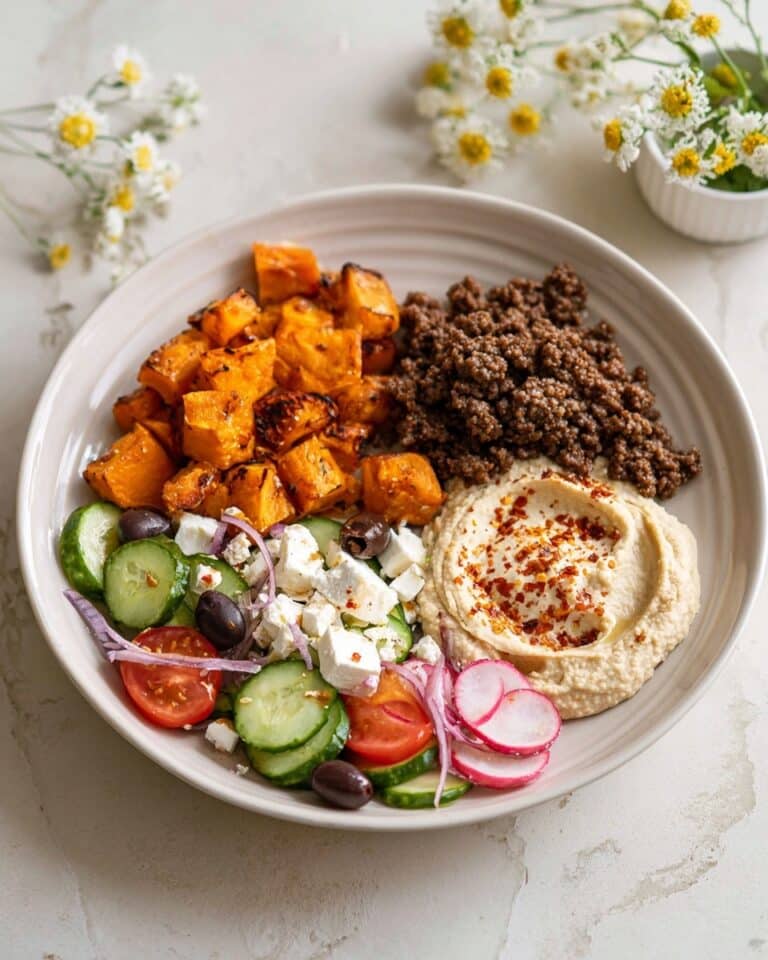 Ground Beef Bowls with Roasted Sweet Potatoes, Fresh Vegetables, and Feta Recipe