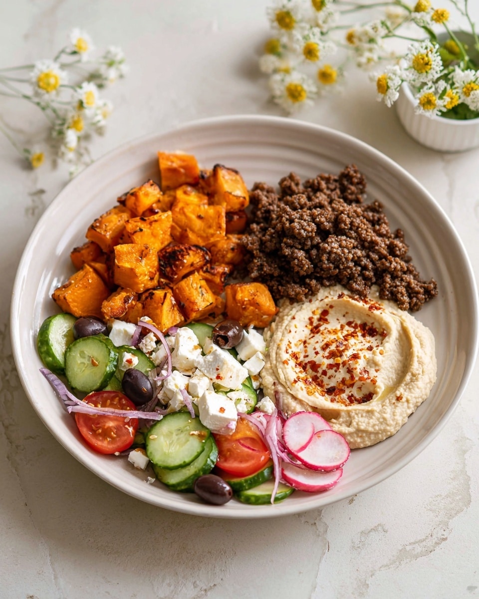 The image shows two white bowls each with four main layers arranged side by side. On one side, there is a pile of cooked ground beef, dark brown with a crumbly texture. Next to it is a portion of cubed roasted sweet potatoes, bright orange with a slightly crisp surface. Beside the sweet potatoes is a fresh salad made of green cucumber slices, red grape tomatoes, thin red onion slices, radish slices, black olives, and white feta cheese cubes. The last layer is creamy hummus topped with white cottage cheese and sprinkled with red pepper flakes. The bowls sit on a white marbled surface with a small natural ceramic bowl holding small white flowers nearby, and two white-handled forks with gold prongs to the side. photo taken with an iphone --ar 4:5 --v 7