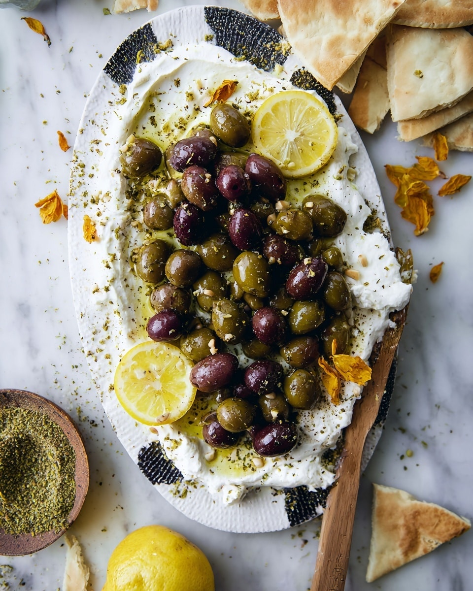 A white serving board with a gray handle cutout holds a creamy white spread that covers the bottom layer fully. On top, there is a mix of green and dark purple olives, sprinkled with pine nuts and a light dusting of greenish-brown seasoning. Two lemon wedges rest on the edge of the spread, adding bright yellow color. Around the edges of the board, there are a few scattered dried orange-yellow flower petals and some crumbs of pita chips. The background is a white marbled texture. photo taken with an iphone --ar 4:5 --v 7