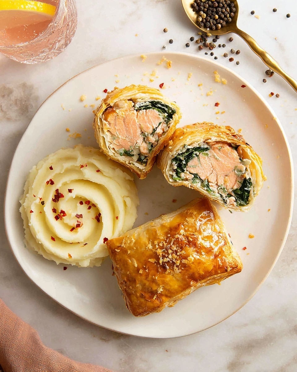 A round white plate holds three pieces of golden brown puff pastry, one of which is cut open to show three layers inside: a light pink salmon layer in the center, topped with dark green chopped spinach, all wrapped in flaky, crisp pastry with a shiny surface. Next to the pastries, there is a scoop of creamy mashed potatoes, white with a smooth texture, garnished with small red chili flakes scattered on top. The plate is set on a white marbled surface with a glass of pink drink garnished with a lemon slice nearby, and some black peppercorns in a gold spoon in the corner. photo taken with an iphone --ar 4:5 --v 7