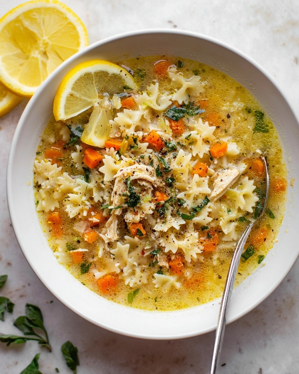 A white bowl filled with a thick soup made of small, star-shaped pasta, diced orange carrots, shredded white chicken, and specks of chopped green herbs. The soup has a yellowish broth with bits of black pepper scattered on top. A fresh lemon slice is placed on the edge of the soup near the top, and a silver spoon rests inside the bowl, leaning against the right side. The bowl sits on a white marbled surface, with two lemon wedges and some green herb leaves placed nearby. photo taken with an iphone --ar 4:5 --v 7
