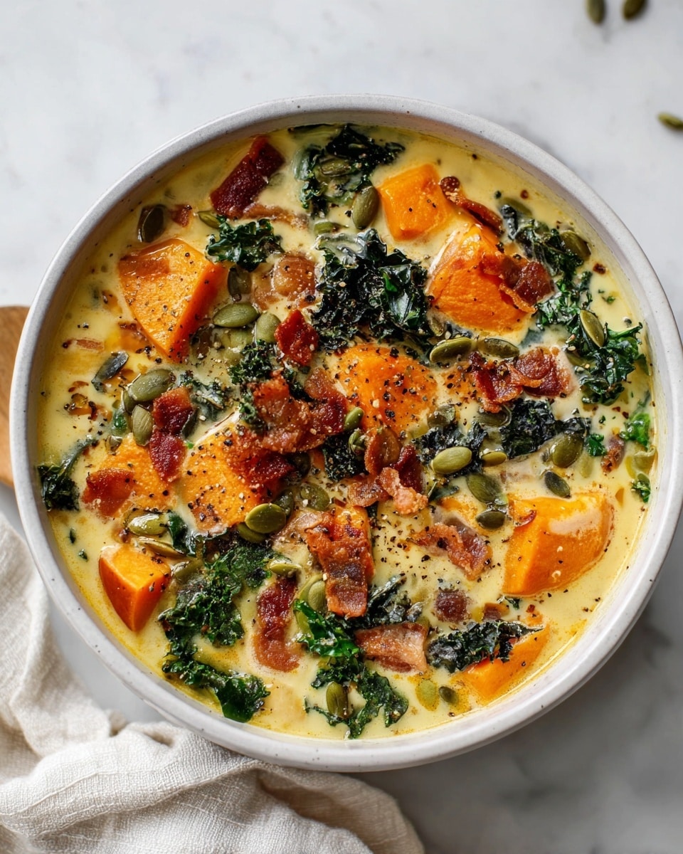 A white bowl filled with a creamy soup that has several layers of ingredients visible. The base layer is a light yellow creamy broth with a smooth texture. Floating within the broth are chunks of orange sweet potato pieces and slices of bright orange carrot. Dark green kale leaves are mixed in throughout, adding a leafy texture. Small pieces of crispy bacon bits are scattered on top, alongside green pumpkin seeds. The soup is sprinkled with coarse black pepper, giving it a speckled look. The bowl sits on a white marbled surface with a light cloth partially visible to the side. photo taken with an iphone --ar 4:5 --v 7