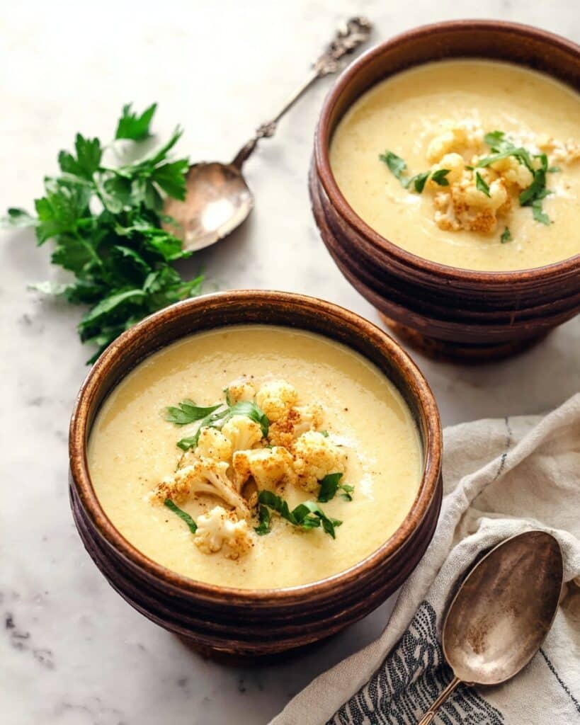 Creamy Cauliflower White Bean Soup with Roasted Parmesan Cauliflower Croutons Recipe
